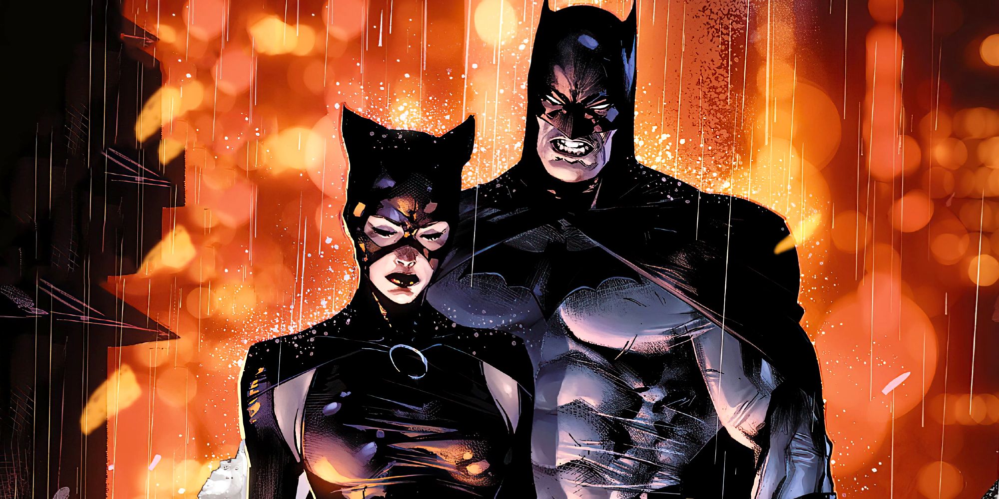 Catwoman y Batman bajo la lluvia en el arte de DC Comics