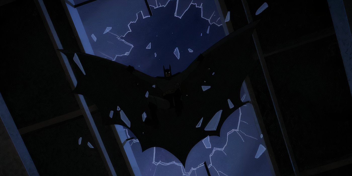Batman rompe una ventana desde arriba en Batman_ Caped Crusader
