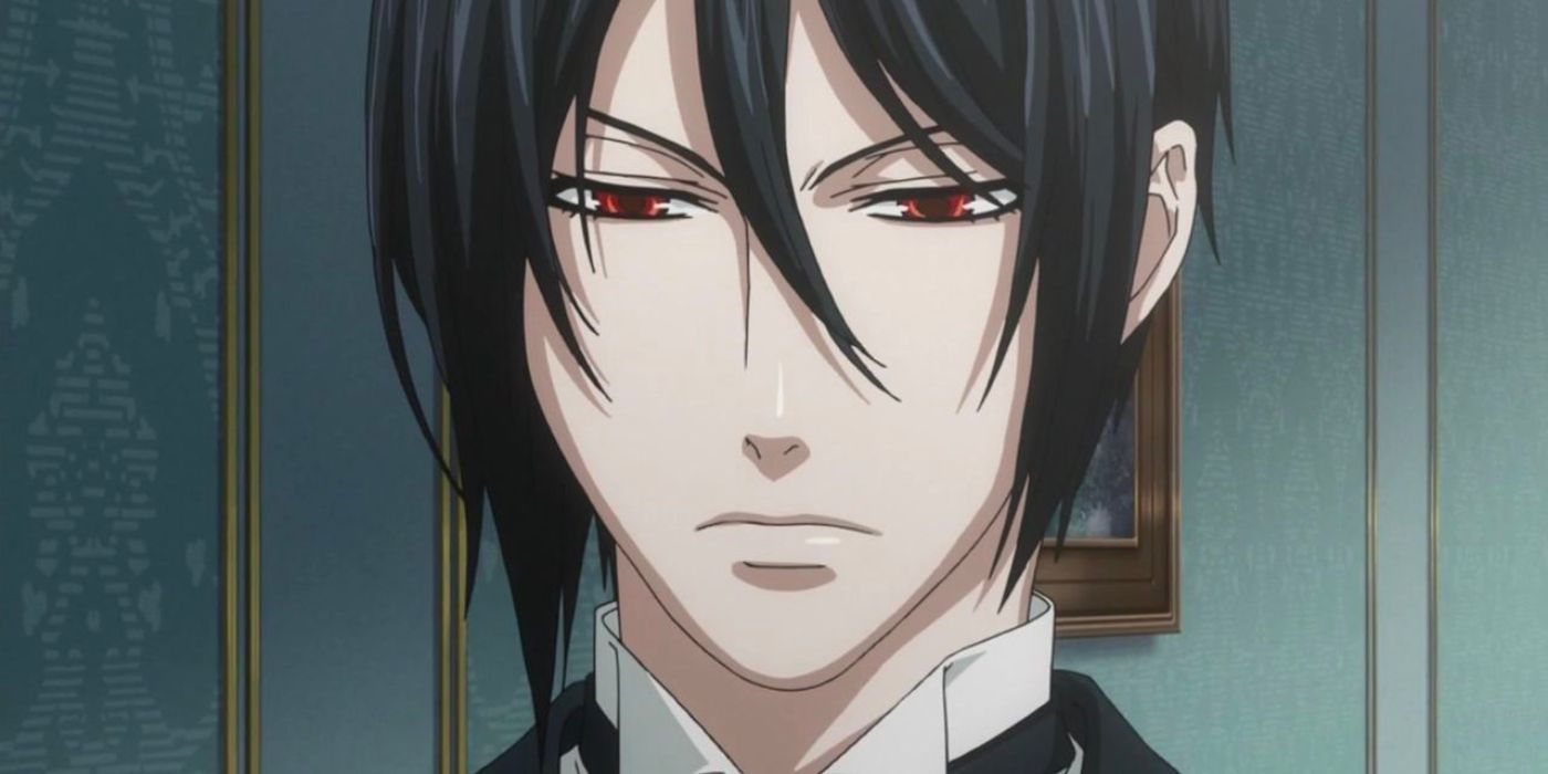 Sebastian frunciendo el ceño con el cabello negro cayendo alrededor de su rostro en Black Butler.