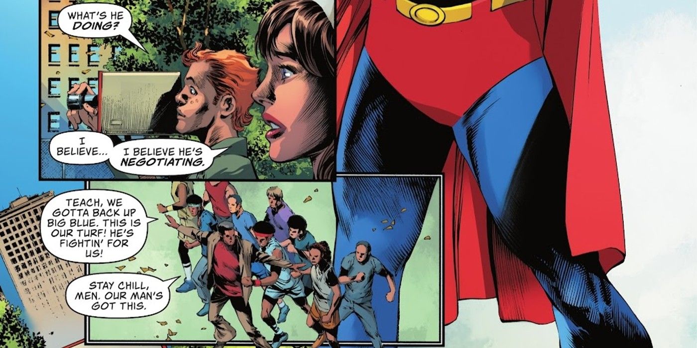 Lois Lane Jimmy Olsen Jefferson Pierce, el futuro Black Lightning y sus estudiantes observan a Superman comerse un arma alienígena en Action Comics #1067