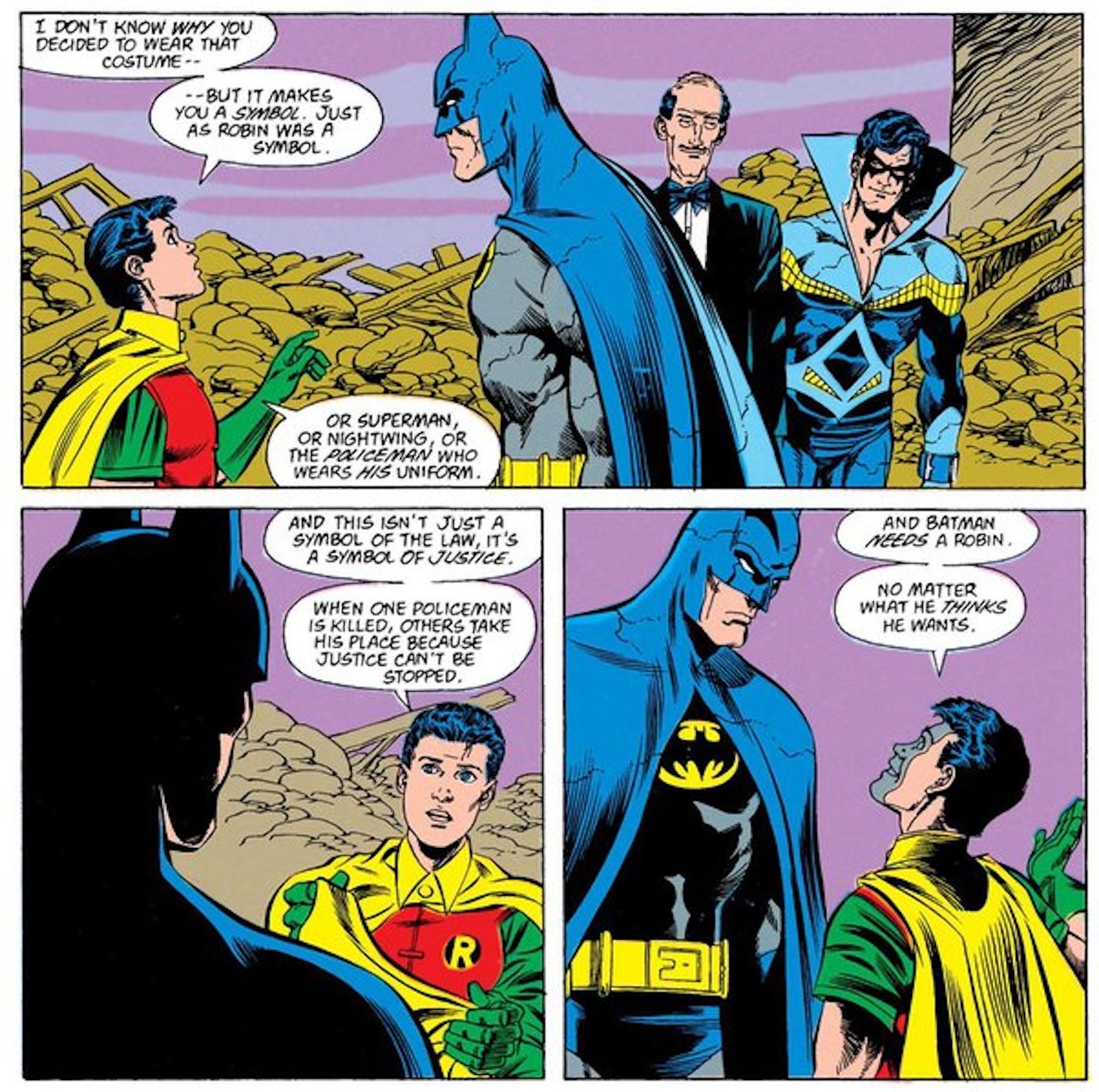 Paneles de cómics: Tim Drake como Robin habla con Batman mientras Nightwing y Alfred miran.