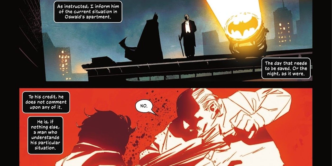 Paneles de cómic: Help usa la Bat-Señal para hablar con Batman mientras el Pingüino golpea a su hijo.