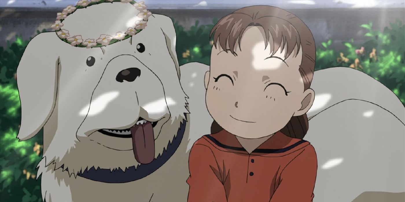 Fullmetal Alchemist Nina y Alexander sentados bajo un árbol y sonriendo.