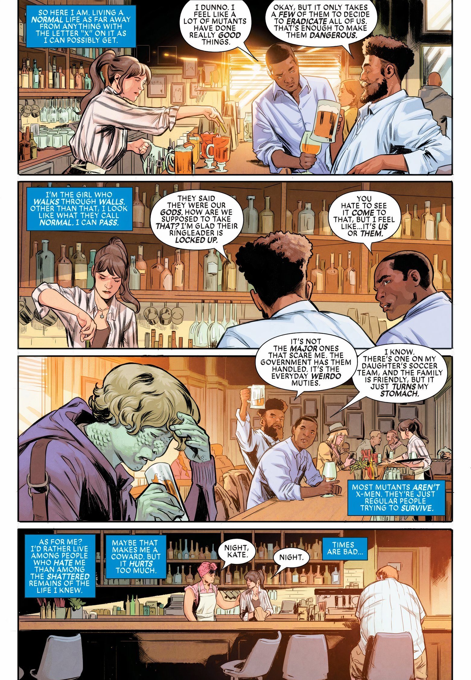 Kitty Pryde trabaja detrás de un bar mientras los clientes menosprecian a los mutantes. Un mutante con aspecto de lagarto se sienta cerca y sostiene una bebida. 