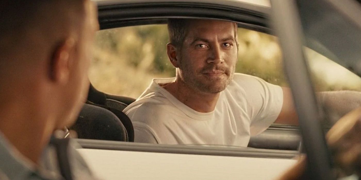 CGI Paul Walker mirando a Dom (Vin Diesel) a través de la ventanilla de su coche al final de Furious 7