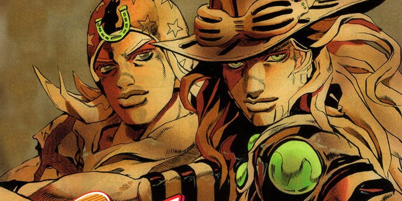 Johnny Joestar y Gyro Zeppeli de Steel Ball Run en tono sepia.