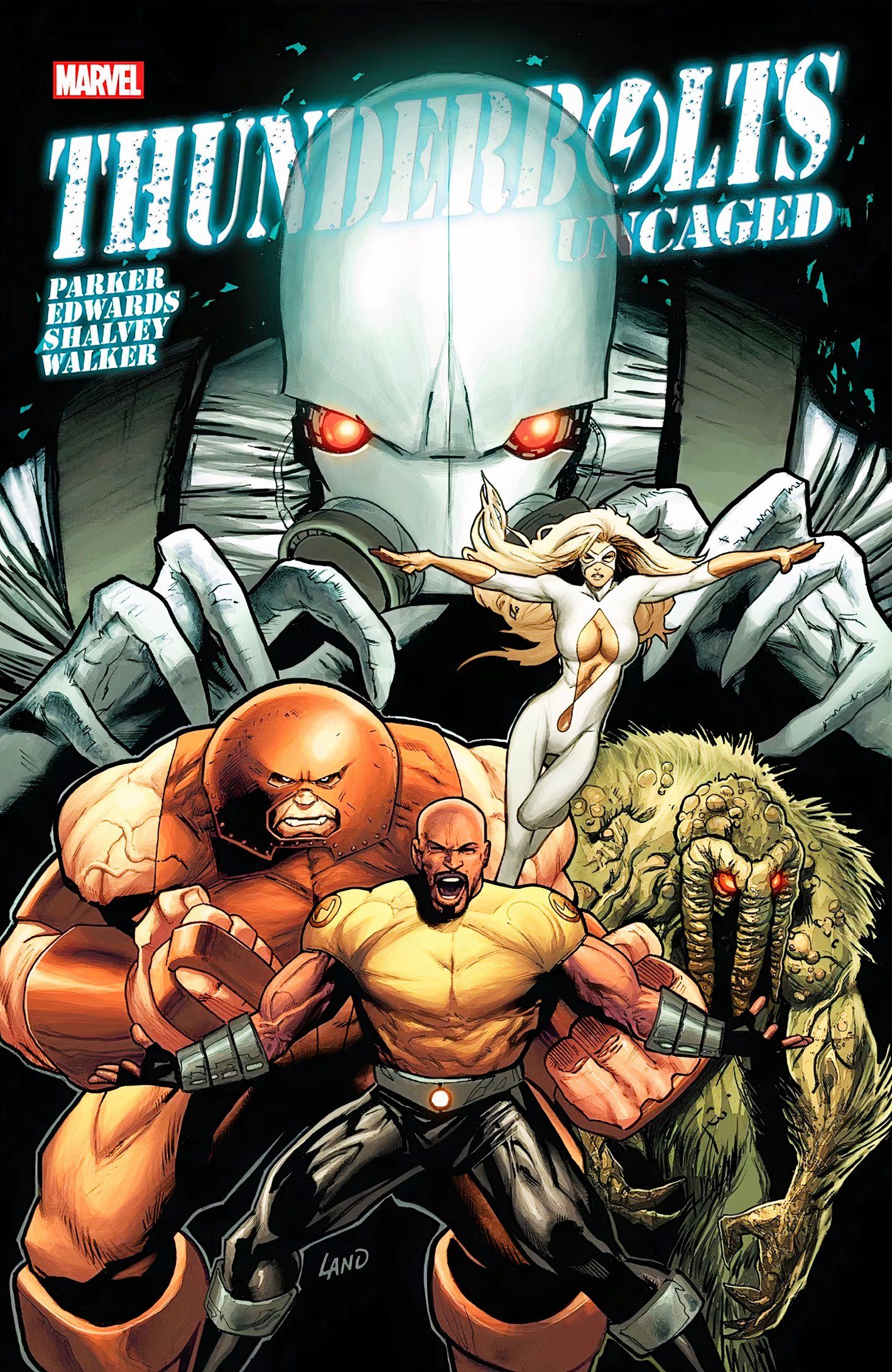 Portada de Luke Cage: Thunderbolts Uncaged, con Luke Cage flanqueado por Juggernaut y Man Thing