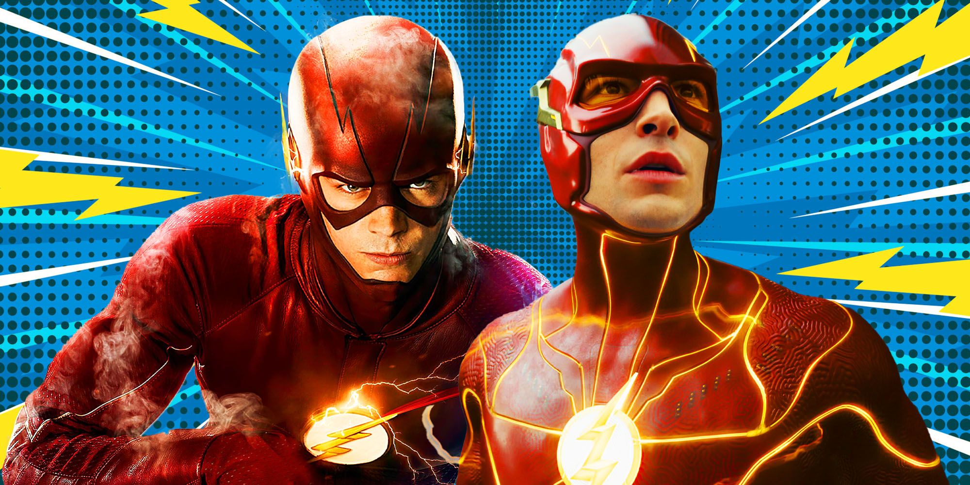 Grant Gustin como Barry Allen en The Flash de CW y Ezra Miller como Barry Allen en la película The Flash