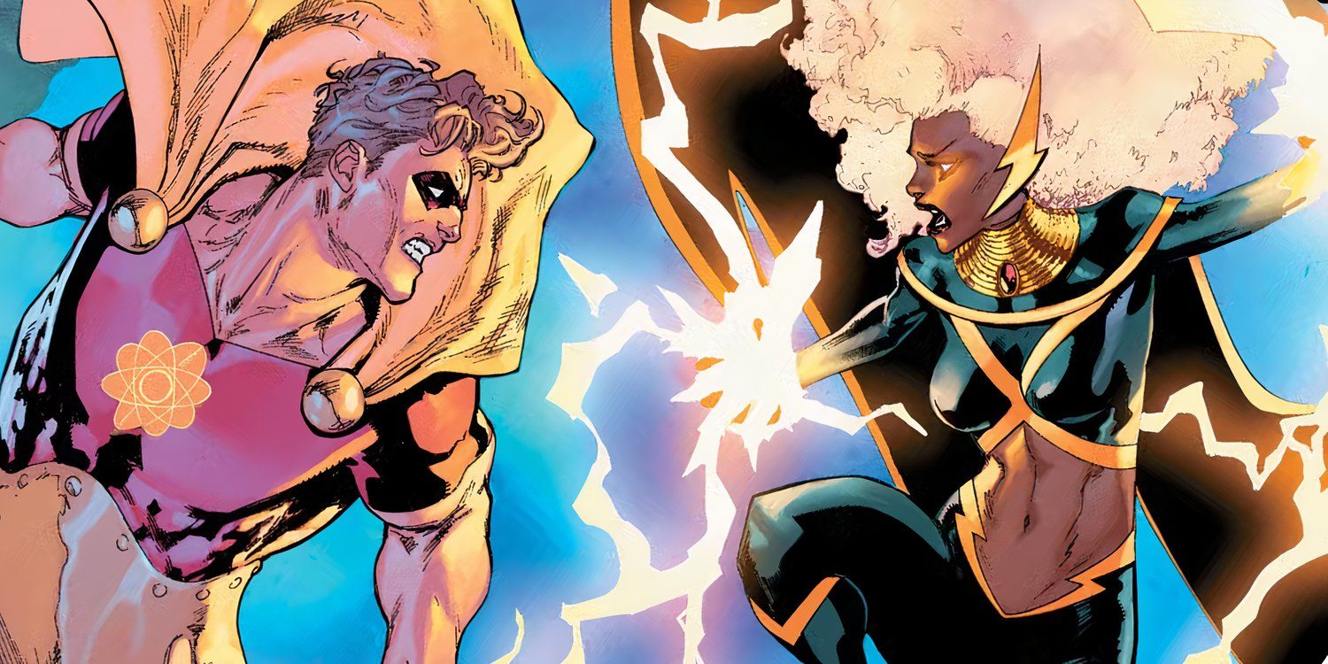 Portada variante recortada de Avengers #18, Hyperion (izquierda) y Storm (derecha) se enfrentan, separados por un rayo.