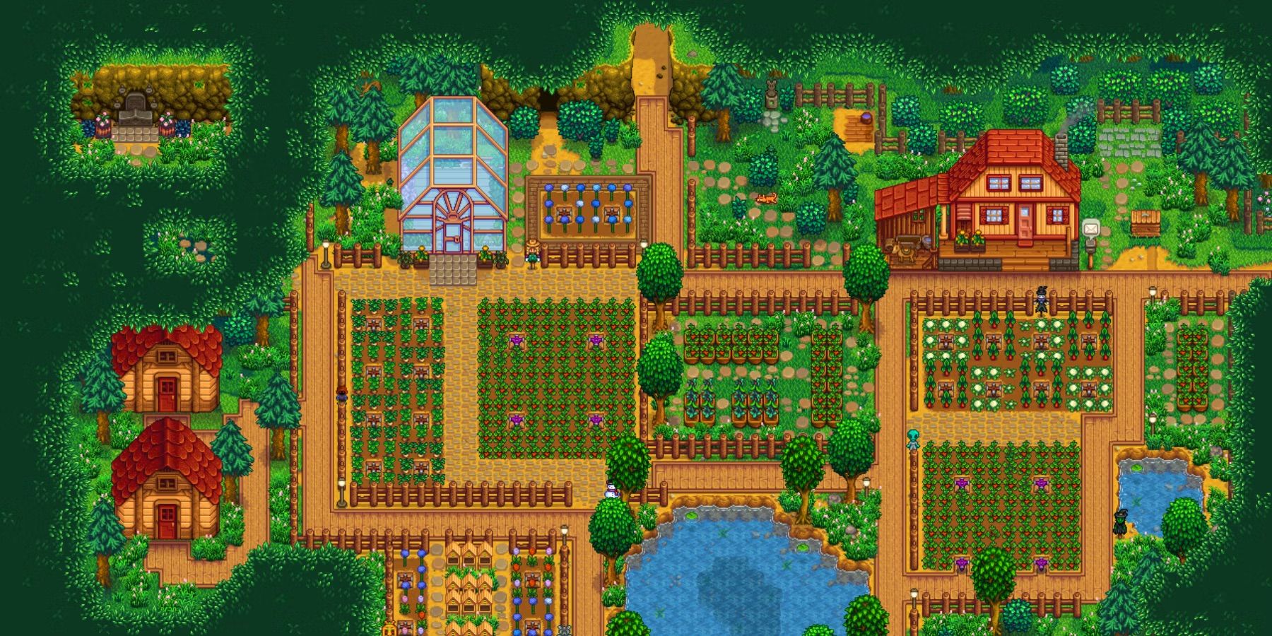 Una granja forestal completamente desarrollada en Stardew Valley.