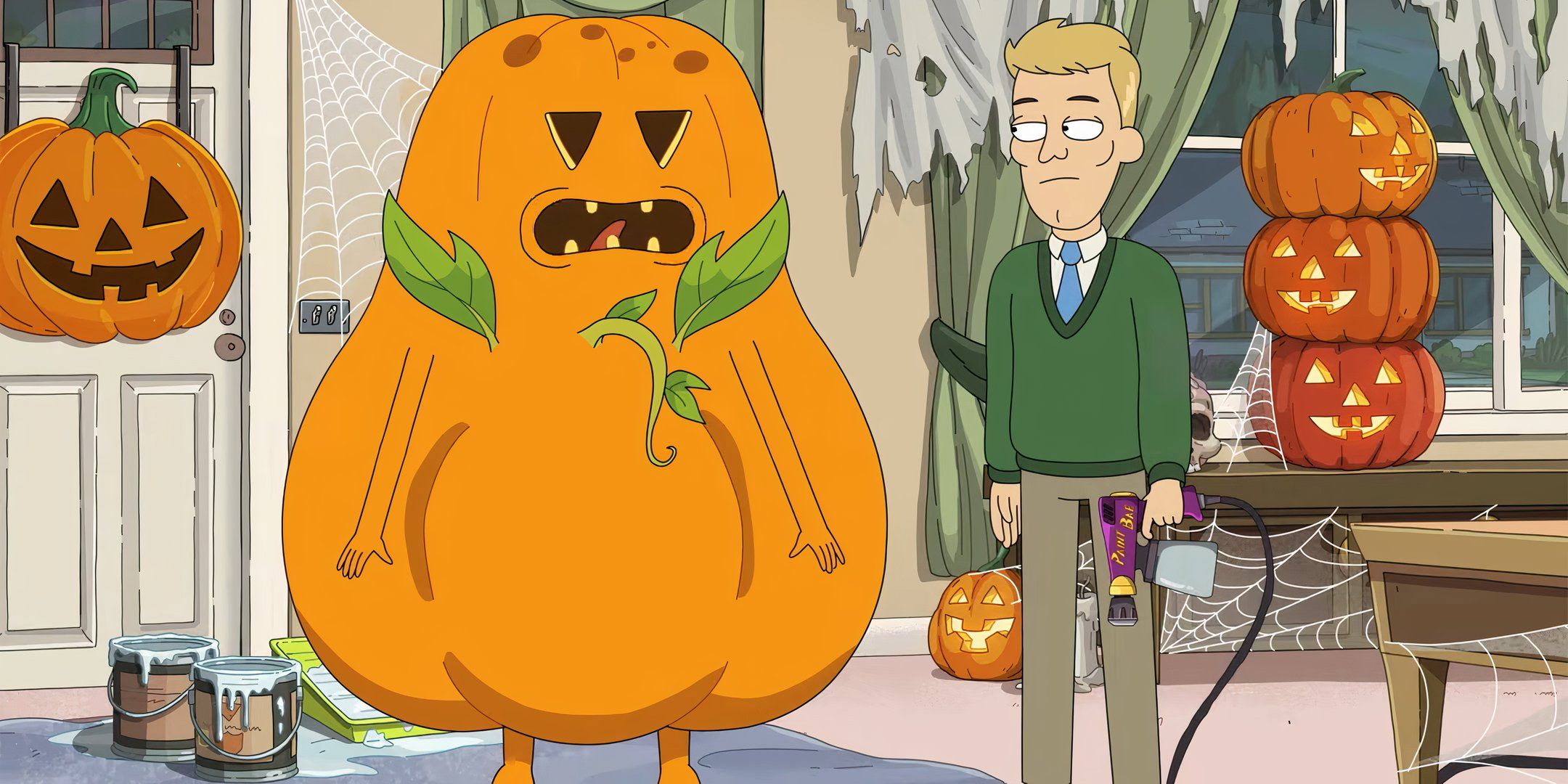 Korvo como una calabaza grande hablando con Mortimer en The Solar Opposites Halloween Special Part 2 The Hunt for Brown October