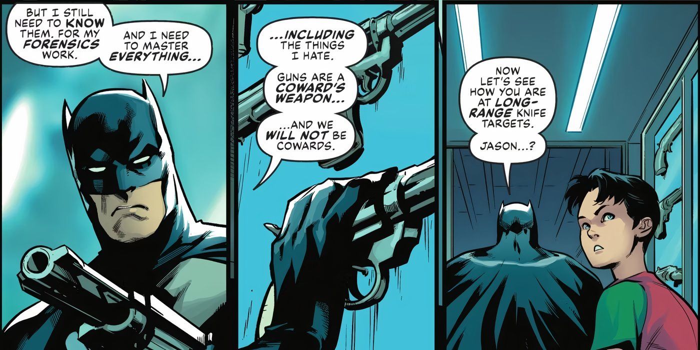 Paneles de cómics: Batman le dice a Jason Todd por qué no usan armas.