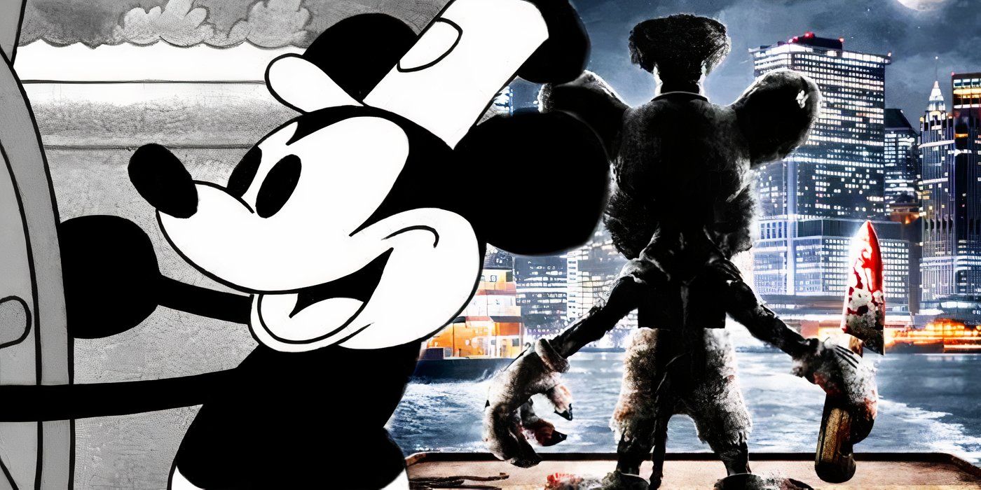 El actor payaso aterroriza como Mickey Mouse en la primera imagen de la película de terror Steamboat Willie