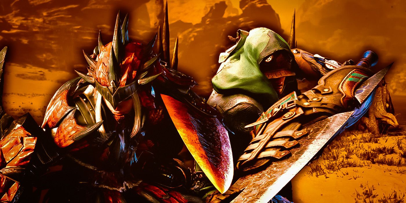 Monster Hunter Wilds, cazadores empuñando armas frente a Windward Plains.