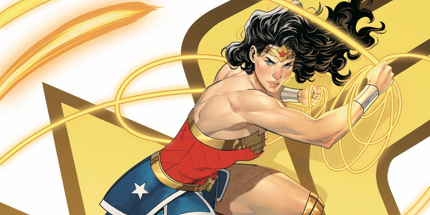 Arte de cómic: Wonder Woman balancea su lazo frente a su logotipo dorado de All In.