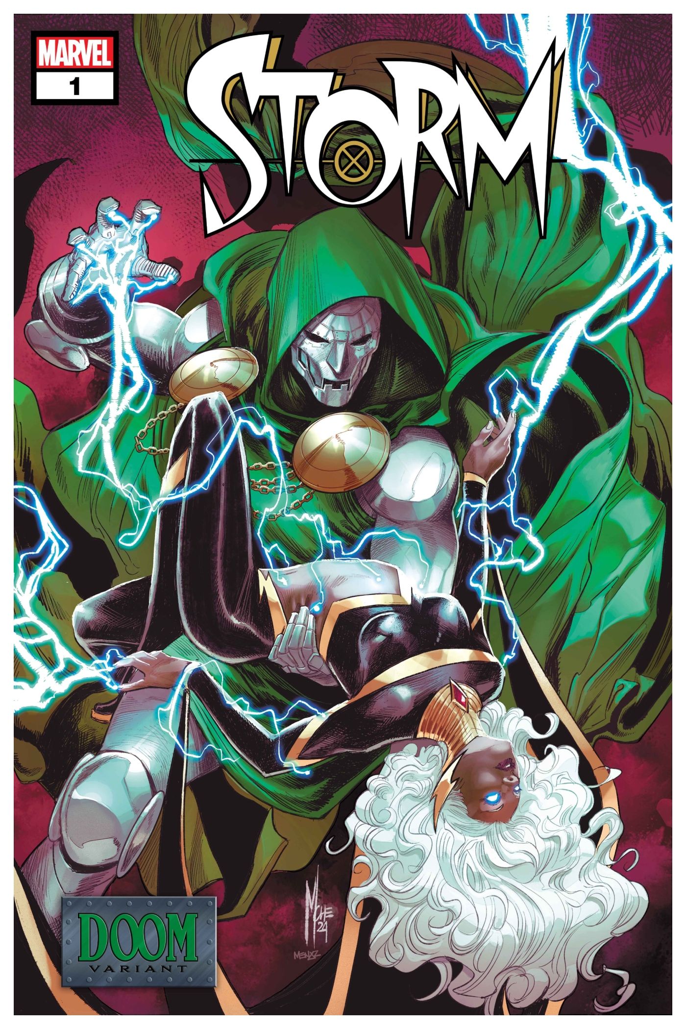 Portada variante de Storm #1, Doctor Doom drenando energía de Storm mientras la sumerge en medio de un baile.