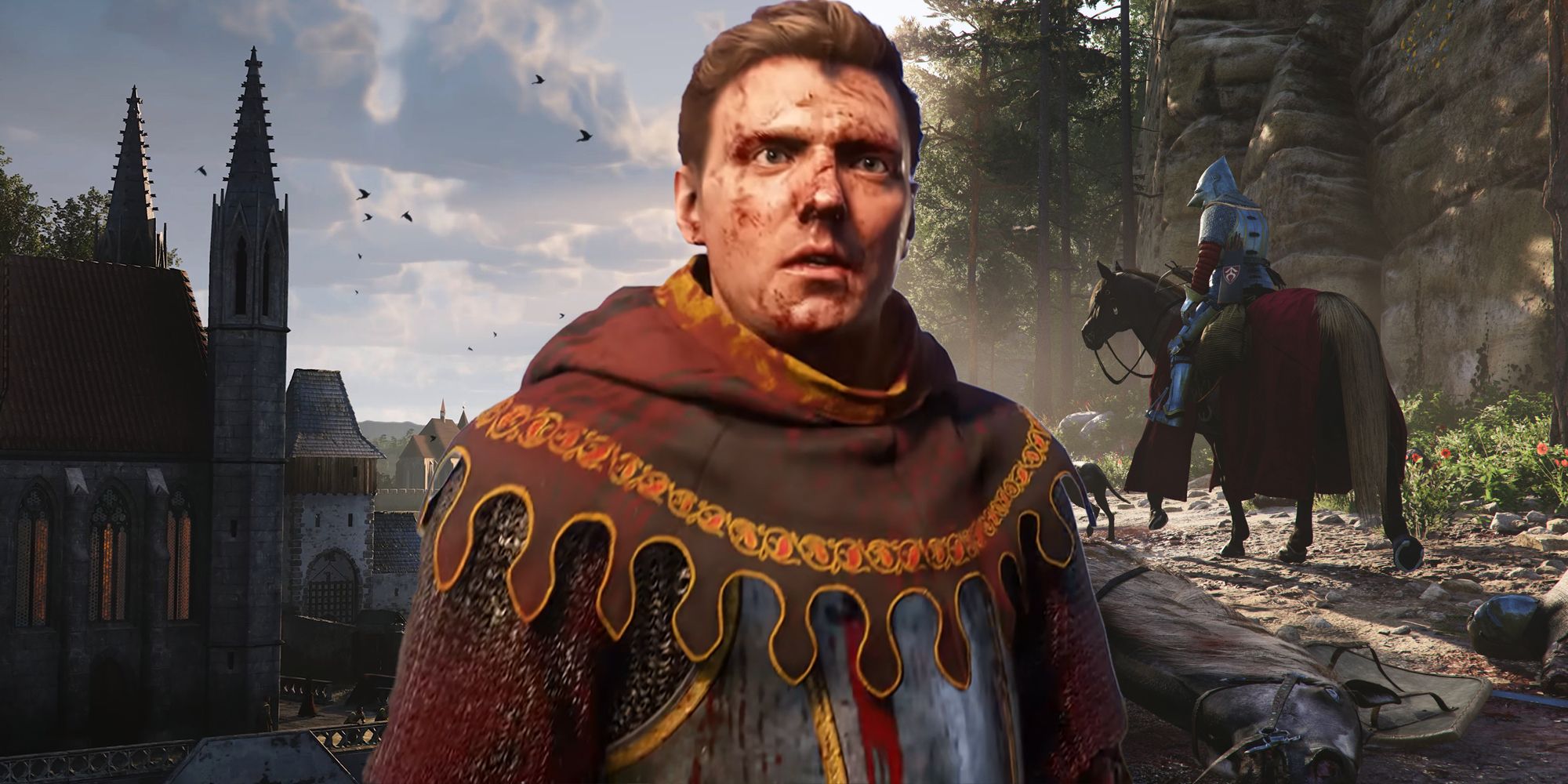 Henry cubierto de sangre con Kuttenberg y un jinete detrás de él en Kingdom Come Deliverance 2.