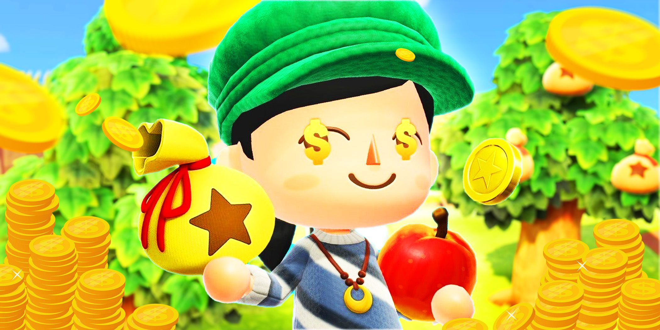 Personaje de Animal Crossing New Horizons con dinero y monedas