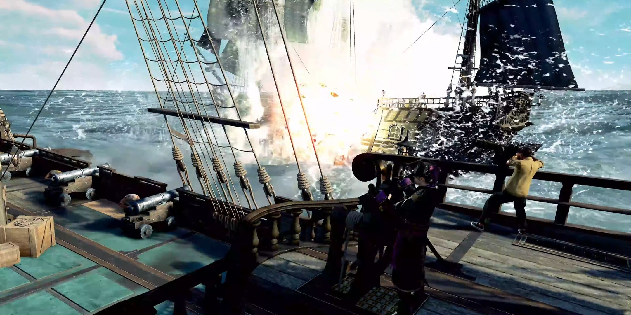 Disparar una andanada a otro barco en Like a Dragon: Pirate Yakuza en Hawaii.