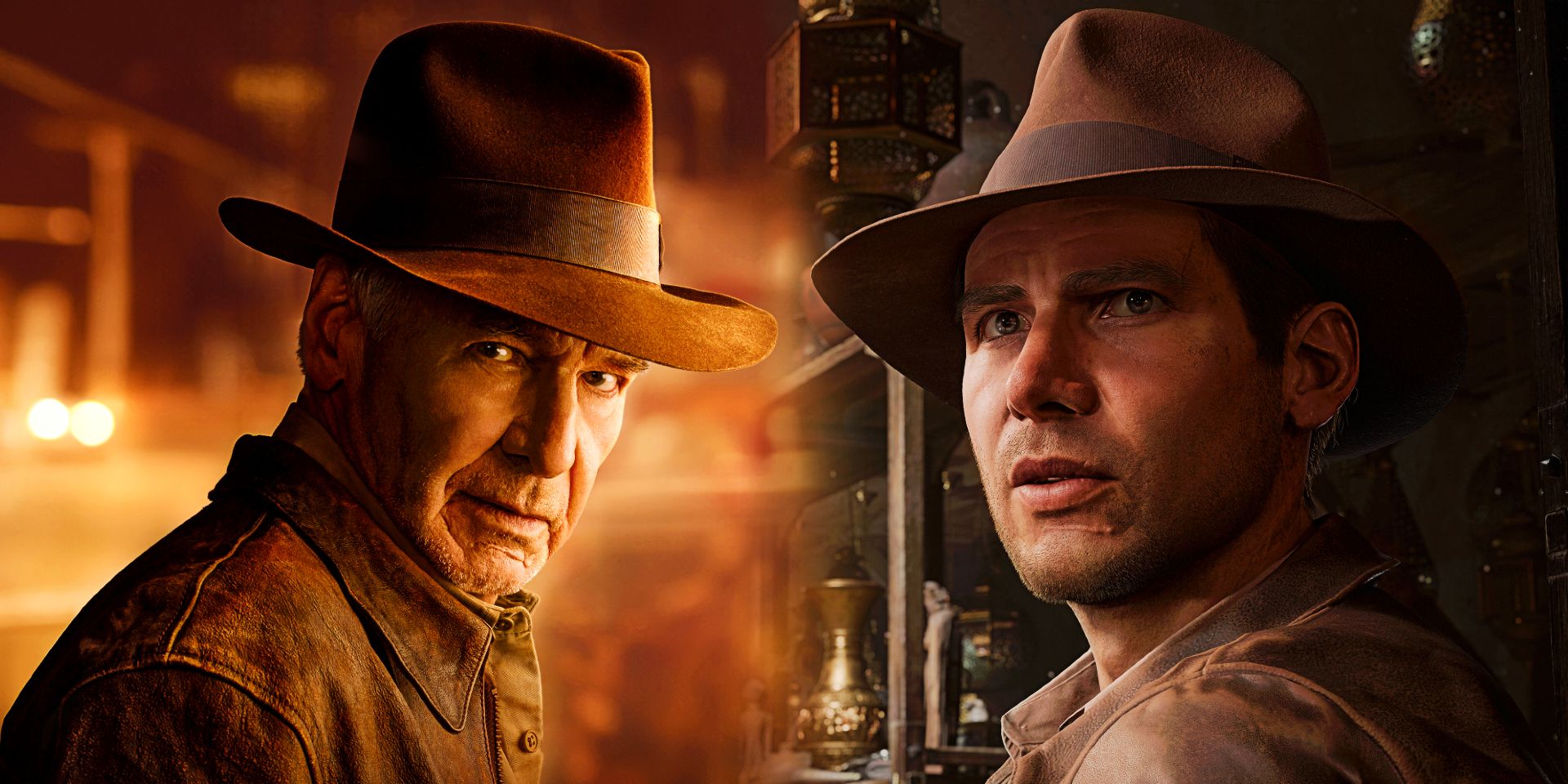 Un collage de imágenes de Harrison Ford en Indiana Jones y The Dial of Destiny y la versión de videojuego en el Gran Círculo.