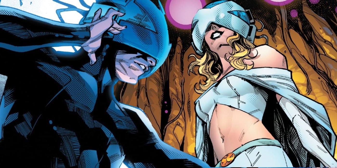 Profesor X con cerebro mientras Emma Frost está a su lado.