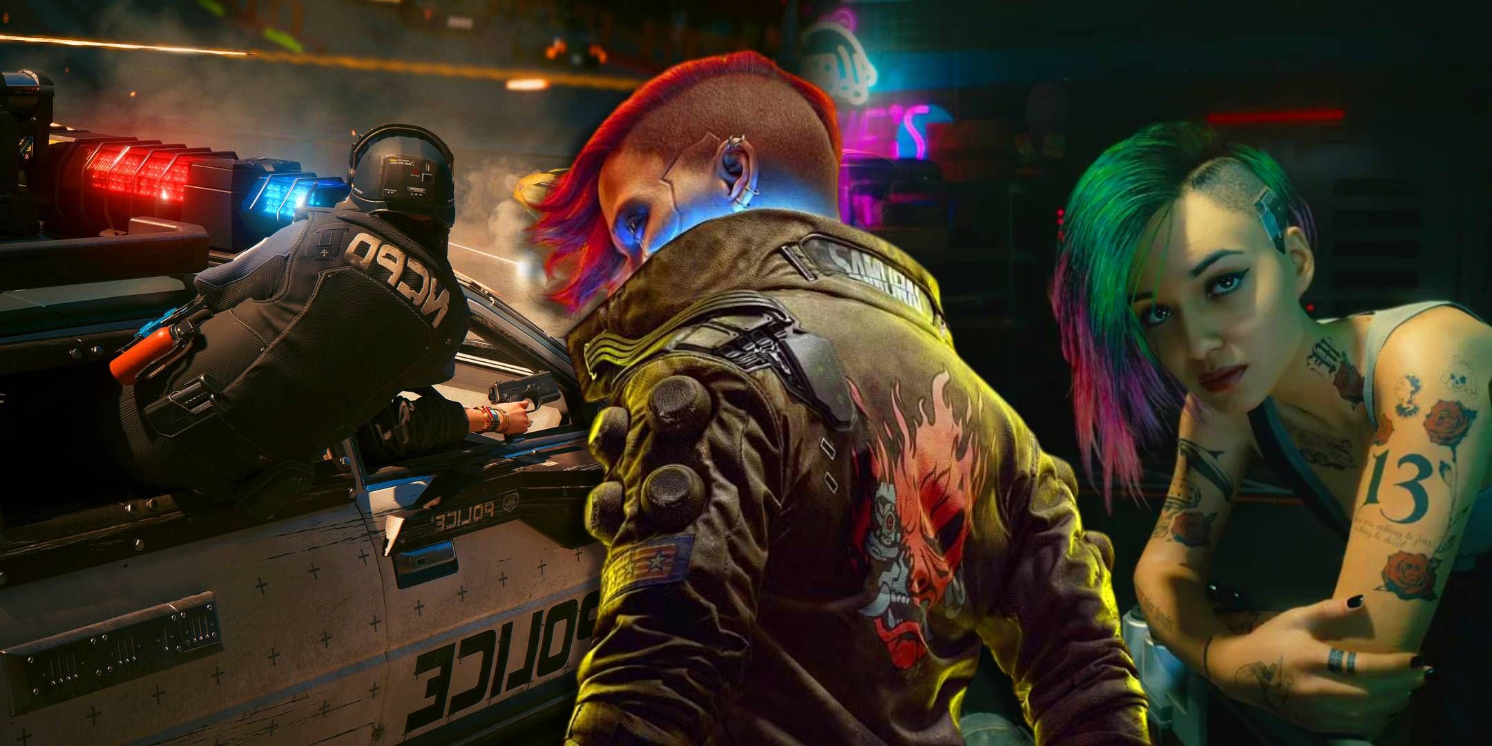 La mujer V en el medio con una persecución policial a la izquierda y Judy a la derecha desde Cyberpunk 2077.