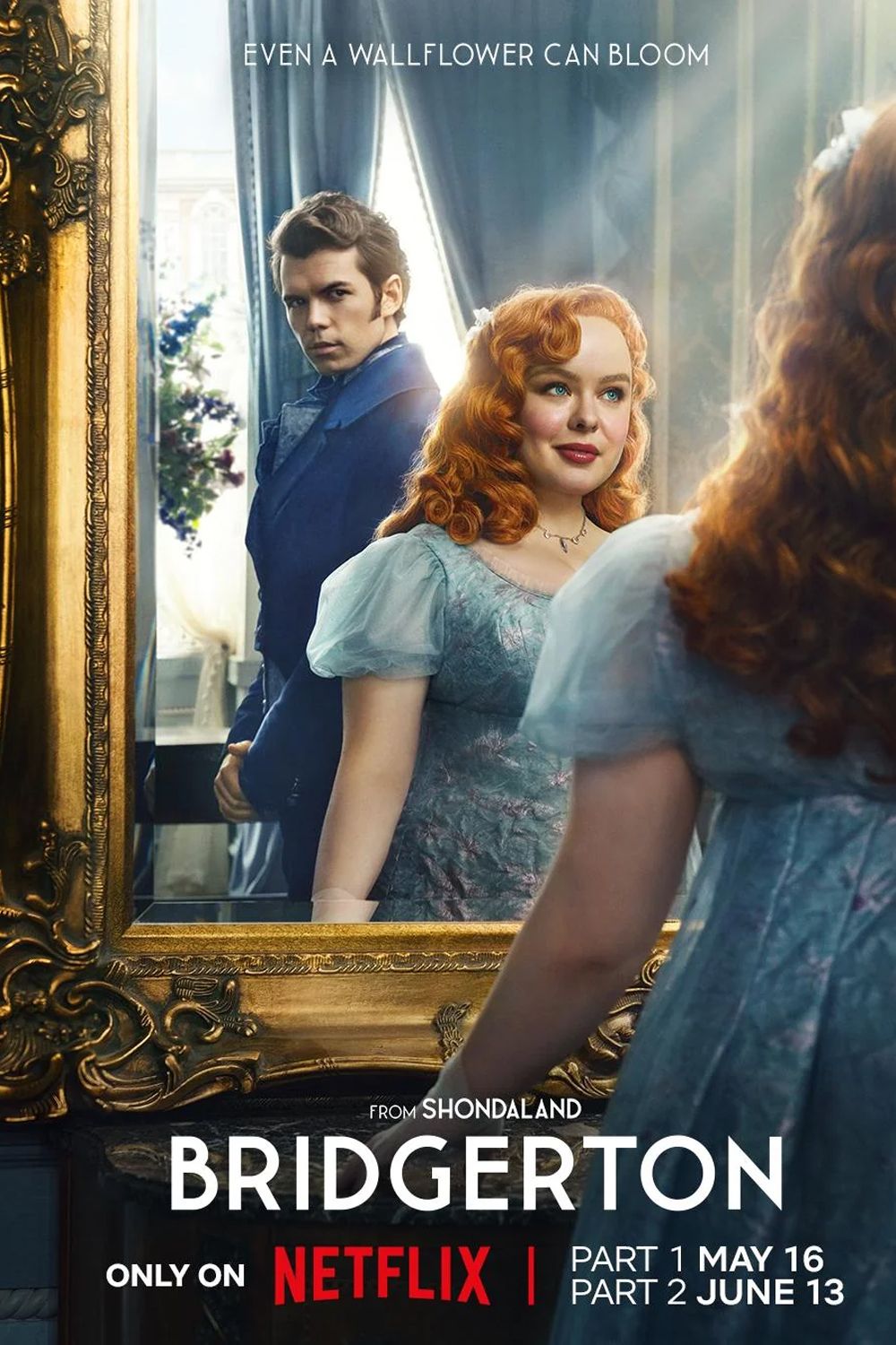 Póster de la temporada 3 de Bridgerton que muestra a Penélope Featherington mirando a un espejo