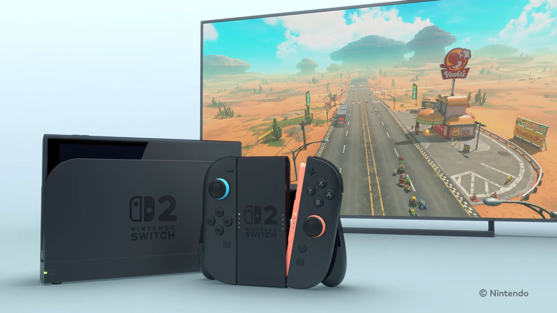 Un Switch 2 y es Joy-Cons conectado a un periférico de controlador, con una pantalla de TV que muestra un nuevo juego de Mario Kart en el fondo.