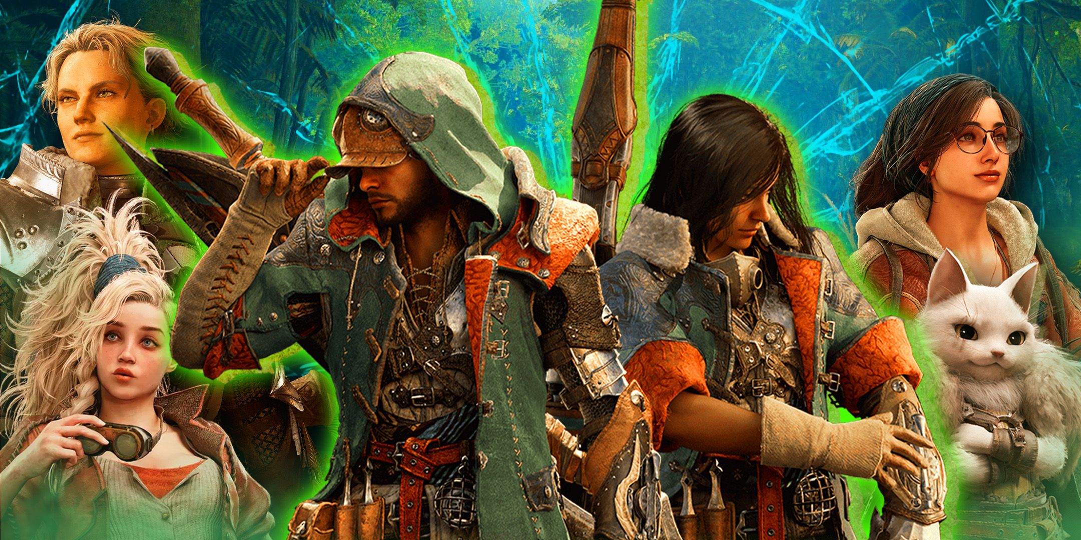 El elenco de Monster Hunter Wilds uno al lado del otro en un bosque.