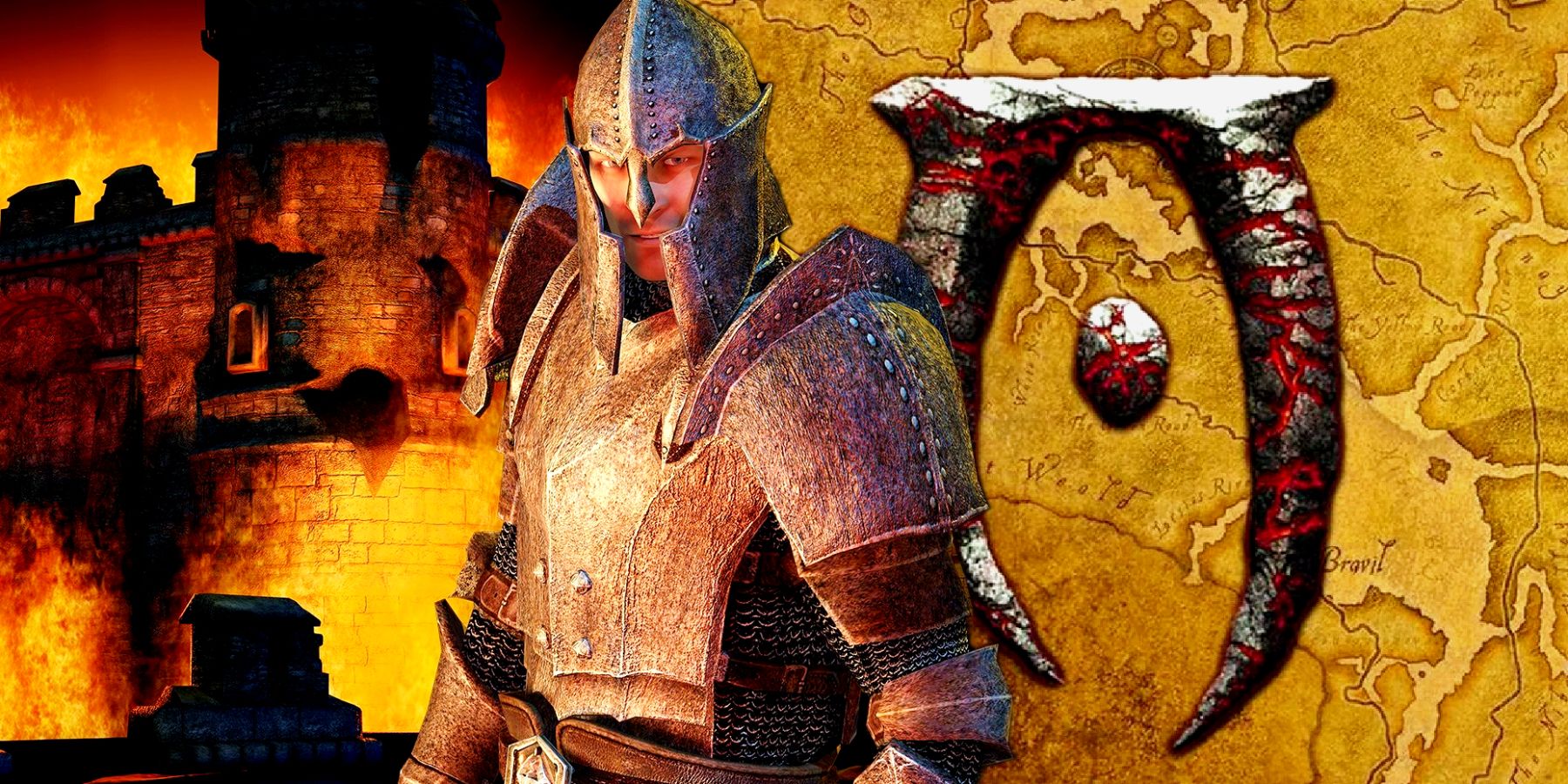 Elder Scrolls 4 Oblivion Imperial Guard en frente del logotipo del juego y el mapa de Cyrodiil.