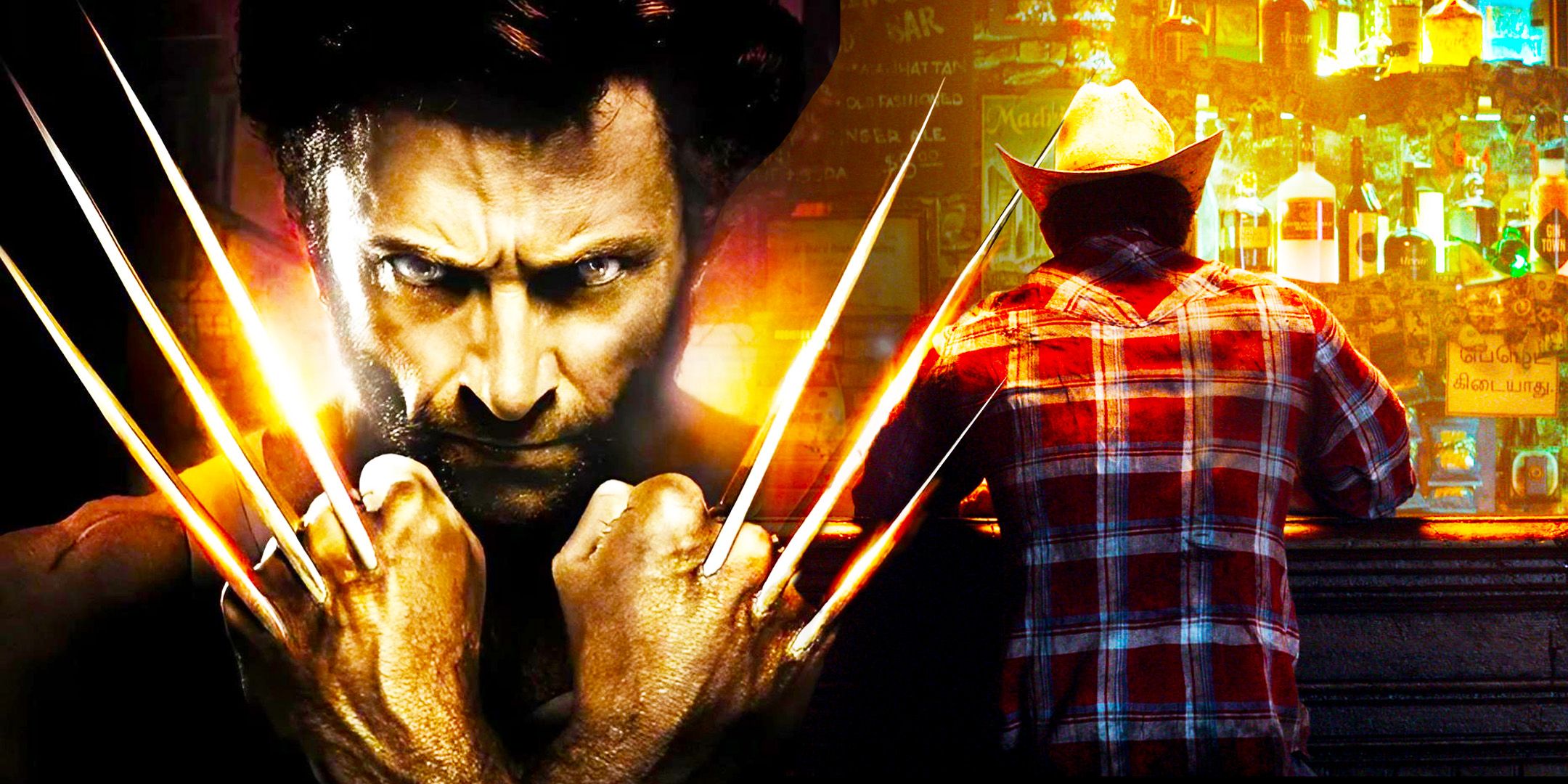Wolverine de Hugh Jackman al lado de Logan sentado en un bar, de regreso a la cámara, desde el teaser para Marvel's Wolverine.