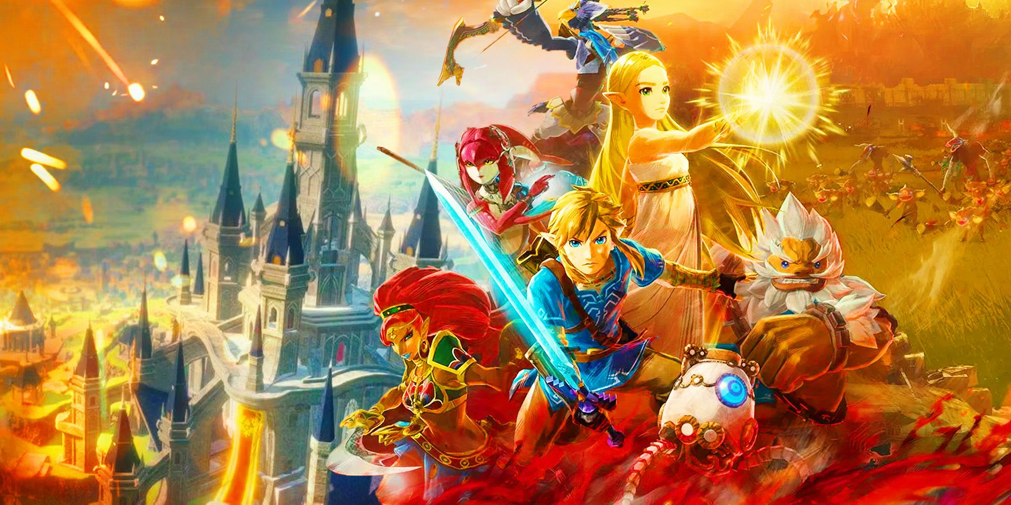 El arte clave de Age of Calamity con Link, Zelda y los cuatro campeones junto al Castillo de Hyrule.