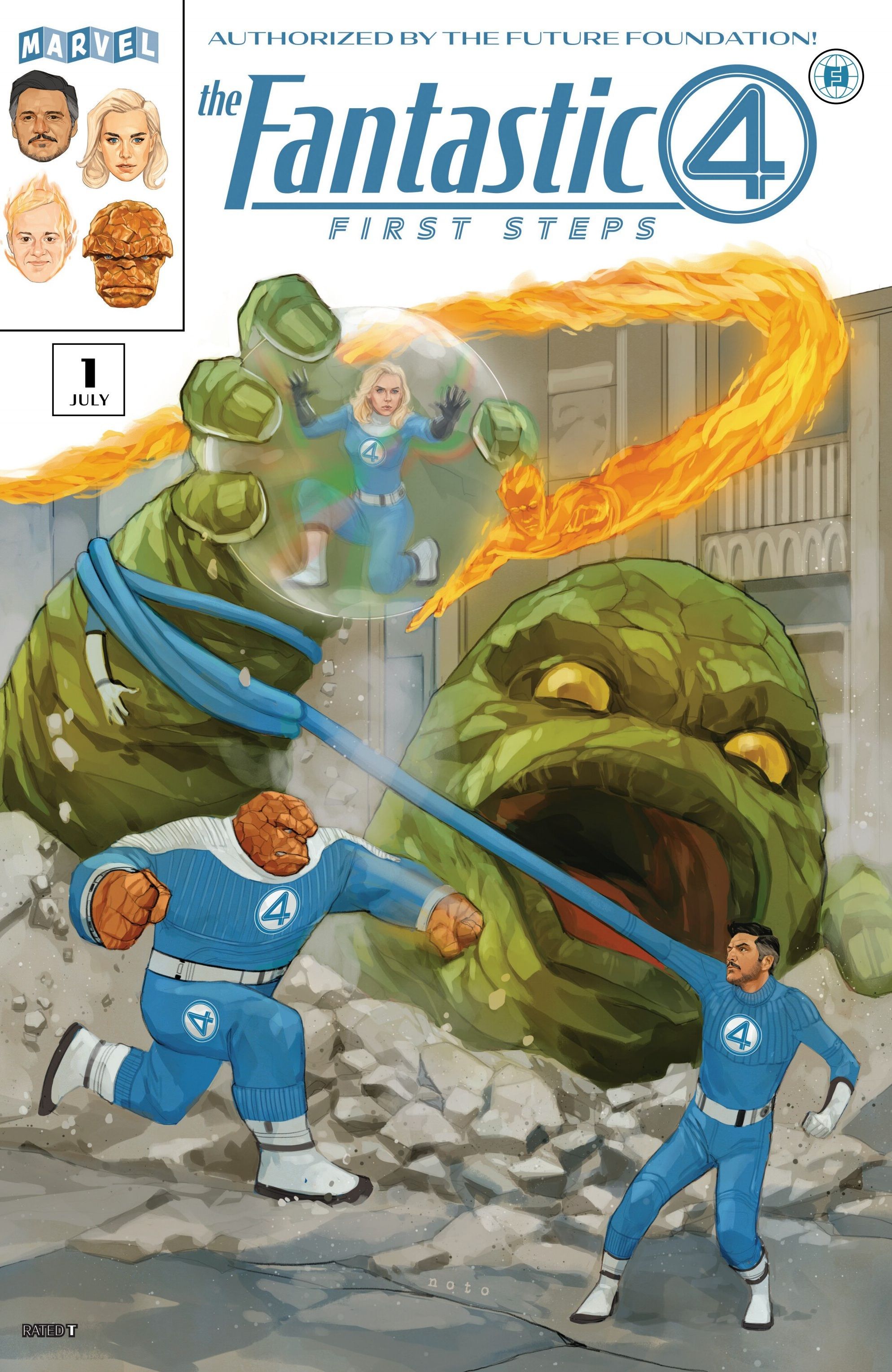 Fantásticos Cuatro primeros pasos Imagen de portada #1 con señor fantástico, antorcha humana, cosa y mujer invisible