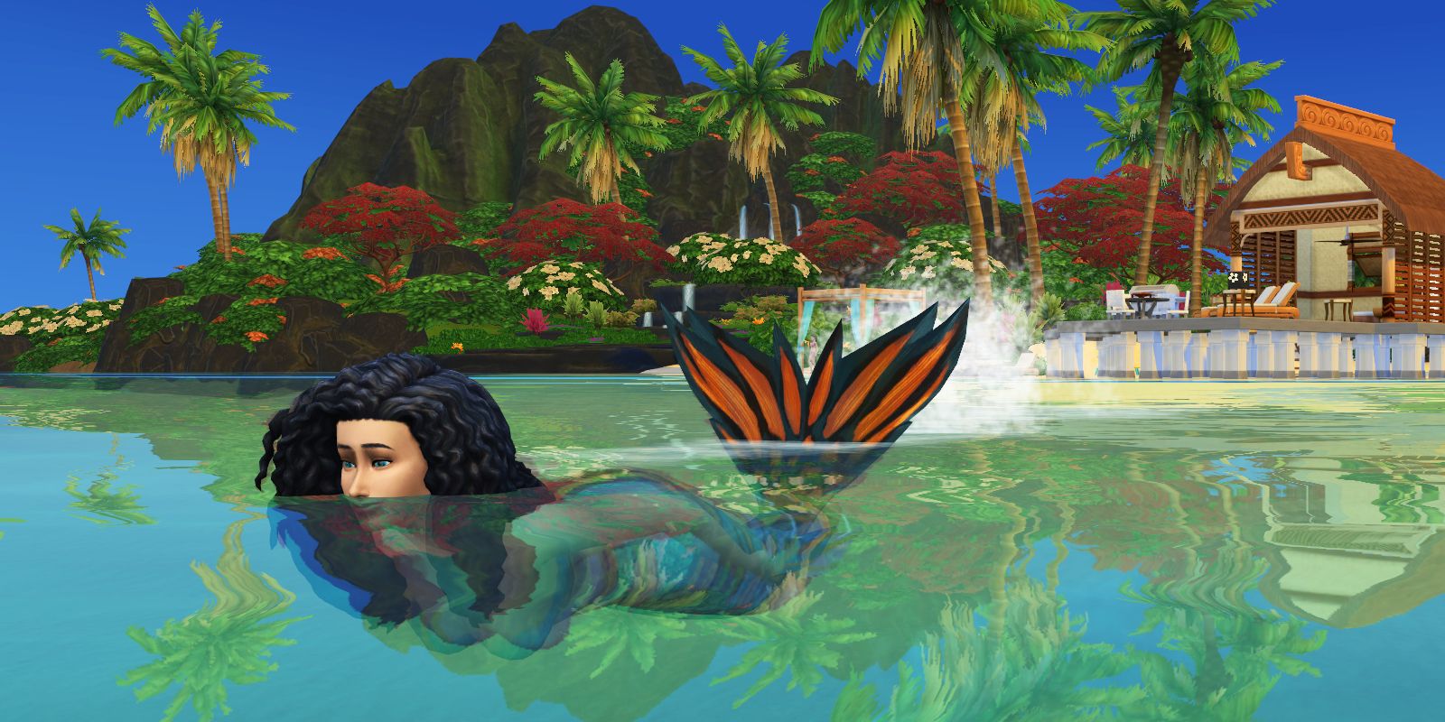 Una sirena en el Sims 4 nada bajo el agua con palmeras en el fondo. 