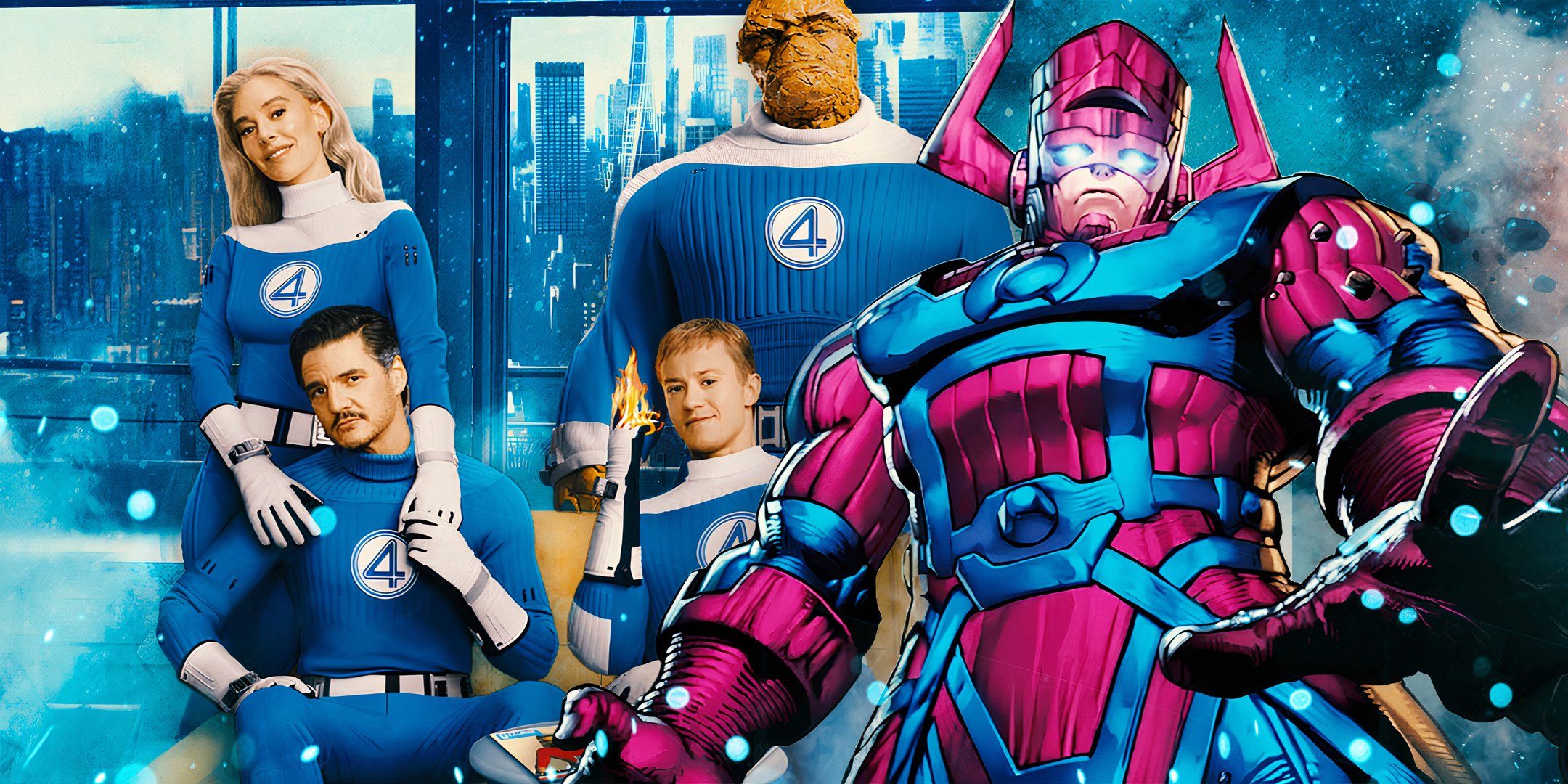 El equipo de Fantastic Four: First Steps (2025) Junto a la obra de arte de Galactus de Marvel Comics