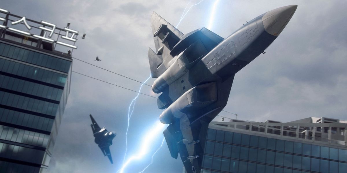 Un avión volando por un cielo tormentoso en el trailer de Battlefield 204.