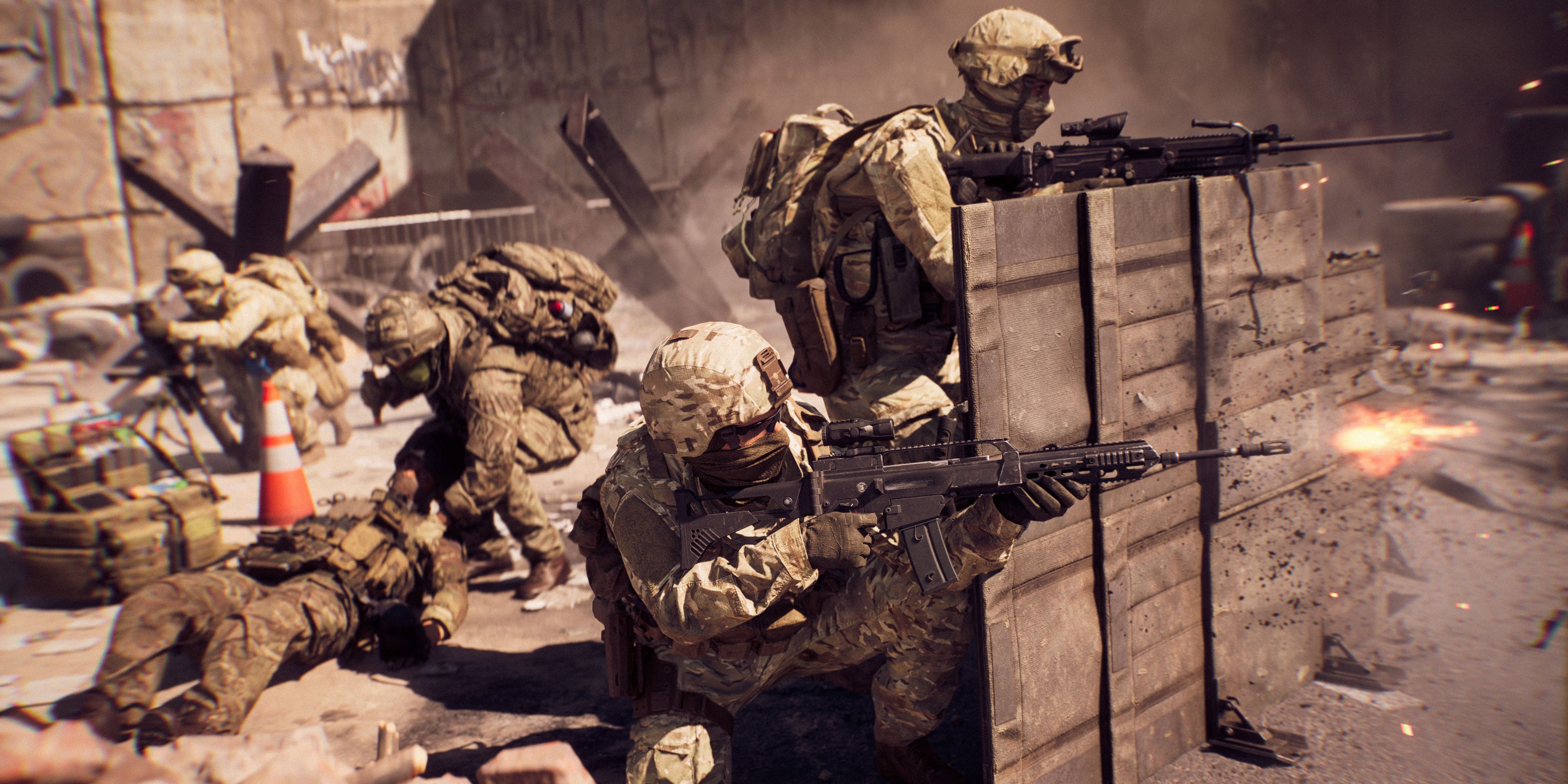 Battlefield 6 personajes que se llevan a cabo mientras que otro se resucita detrás de ellos.