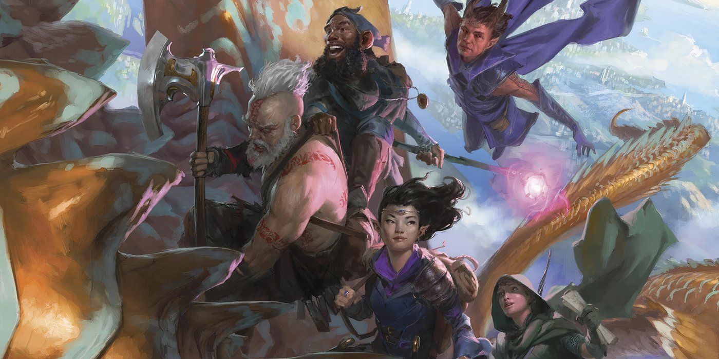 Una fiesta vuela sobre un dragón en una portada de D&D 