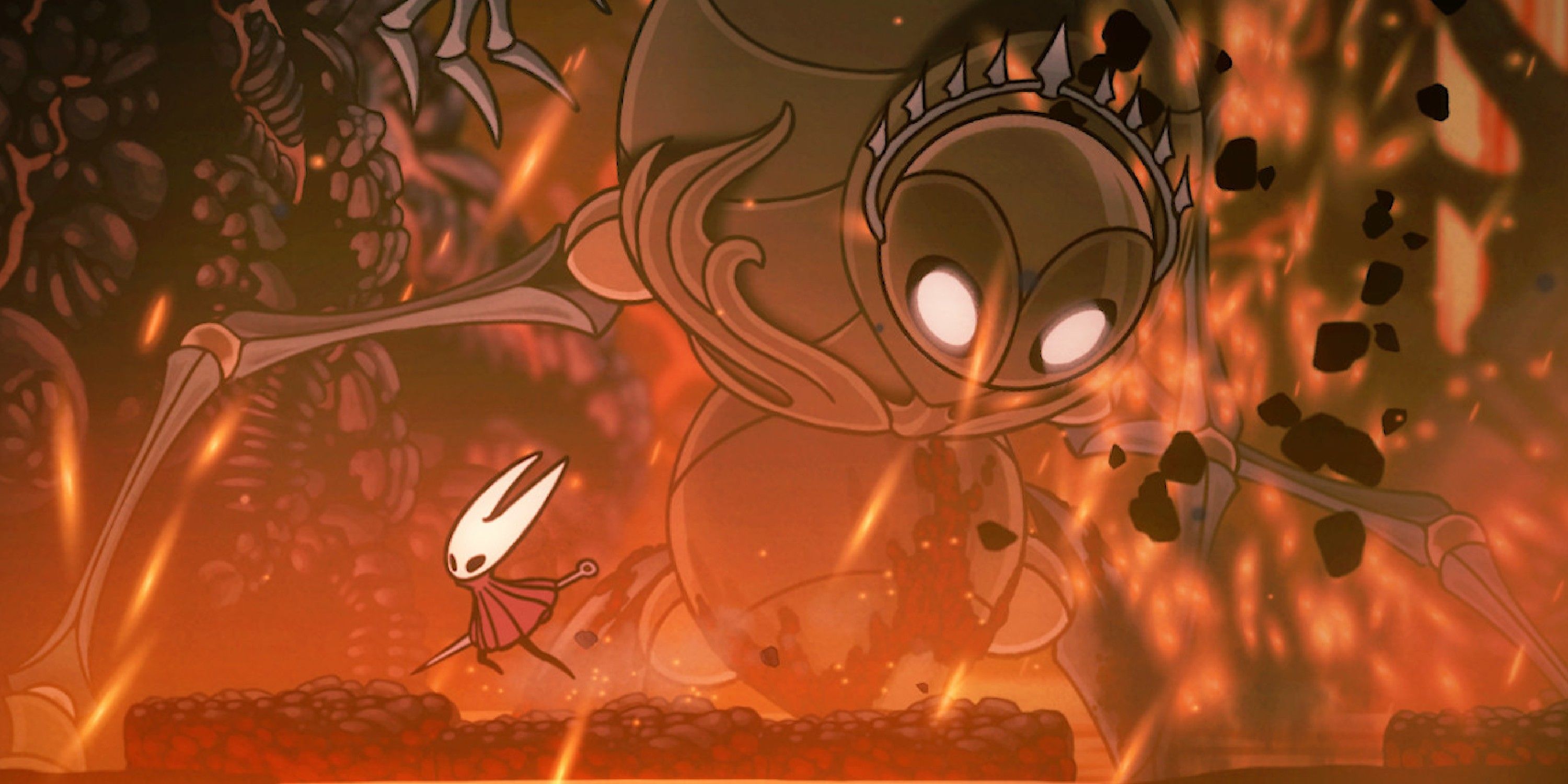 Captura de pantalla Silksong Primer plano de Hornet luchando contra un gran enemigo tipo insecto