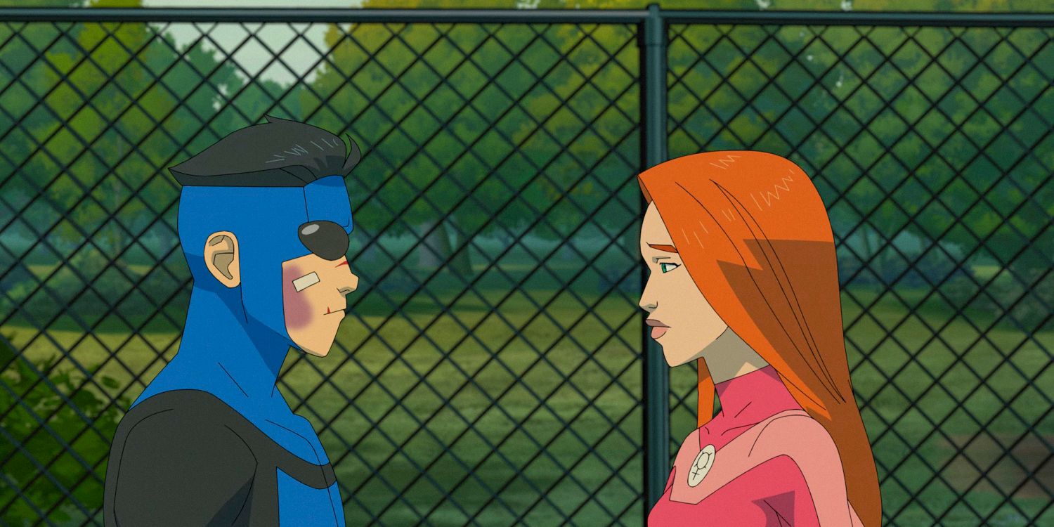 Invincible y Atom Eve Talking después del funeral de Rex en la temporada 3 Invincible Ep 8