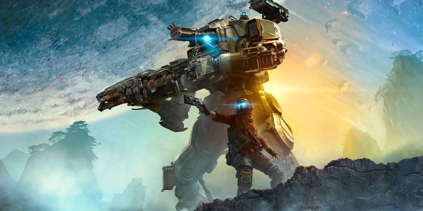 Jack parado frente a BT, ambos dibujando armas y apuntándolas a un enemigo, en Titanfall 2