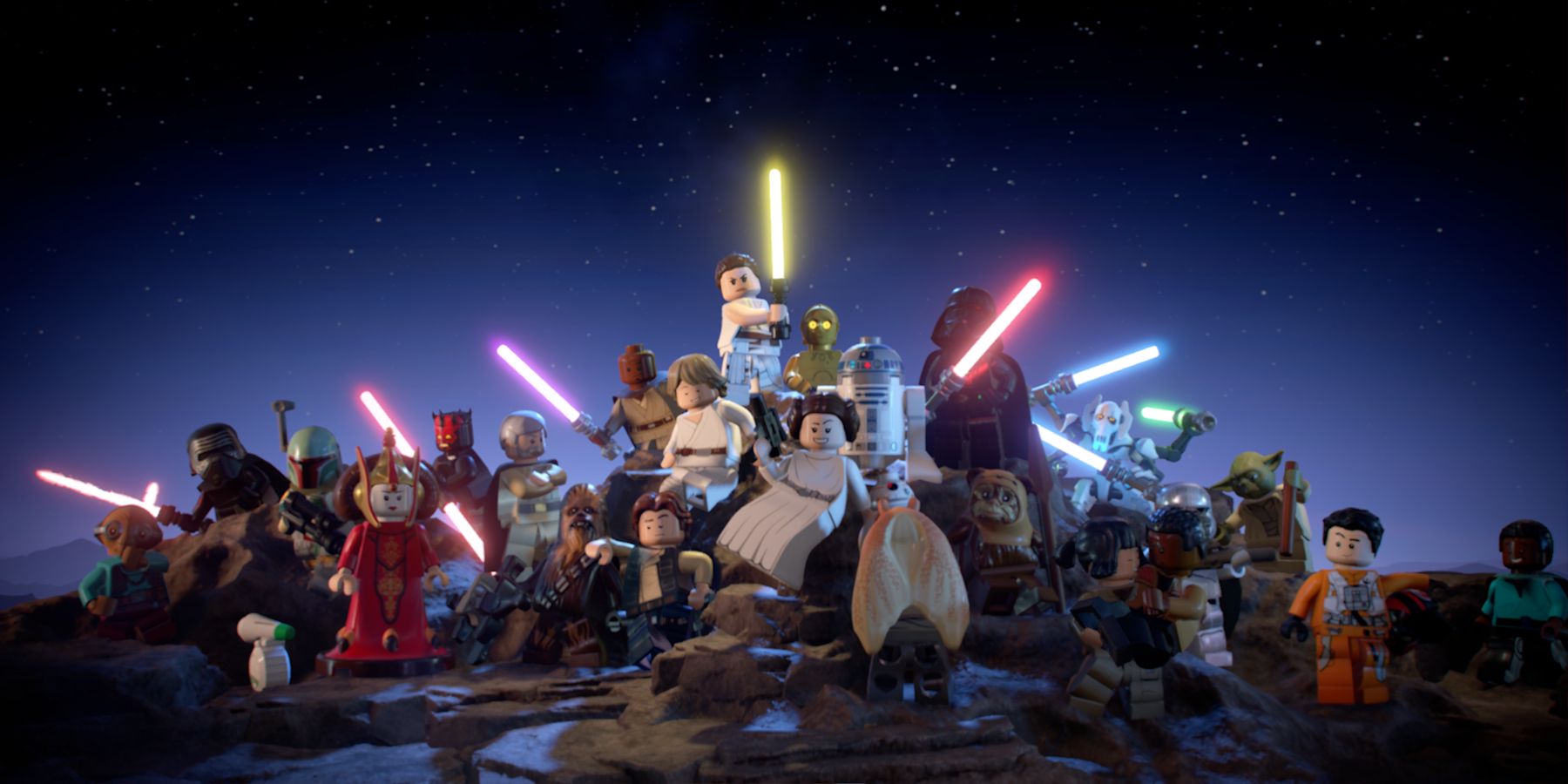 LEGO Star Wars Skywalker Saga Galactic Edition Personajes alineados con sable de luz en alto.