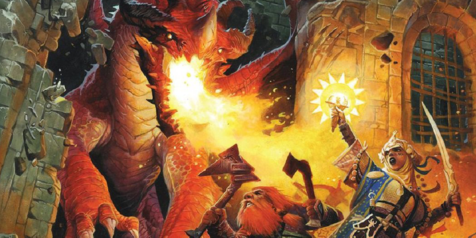 Partido Pathfinder luchando contra un dragón rojo