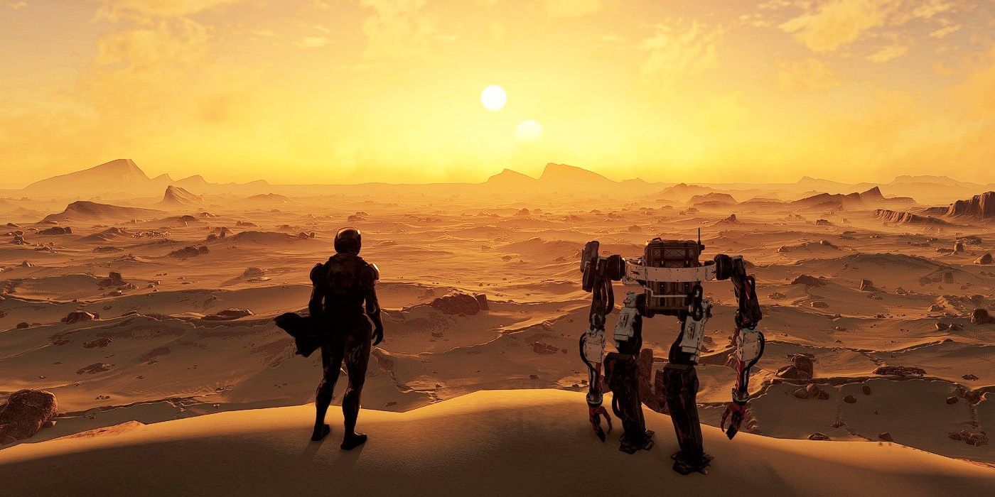 El personaje principal de Starfield y el compañero robot mirando hacia un planeta desierto inexplorado.