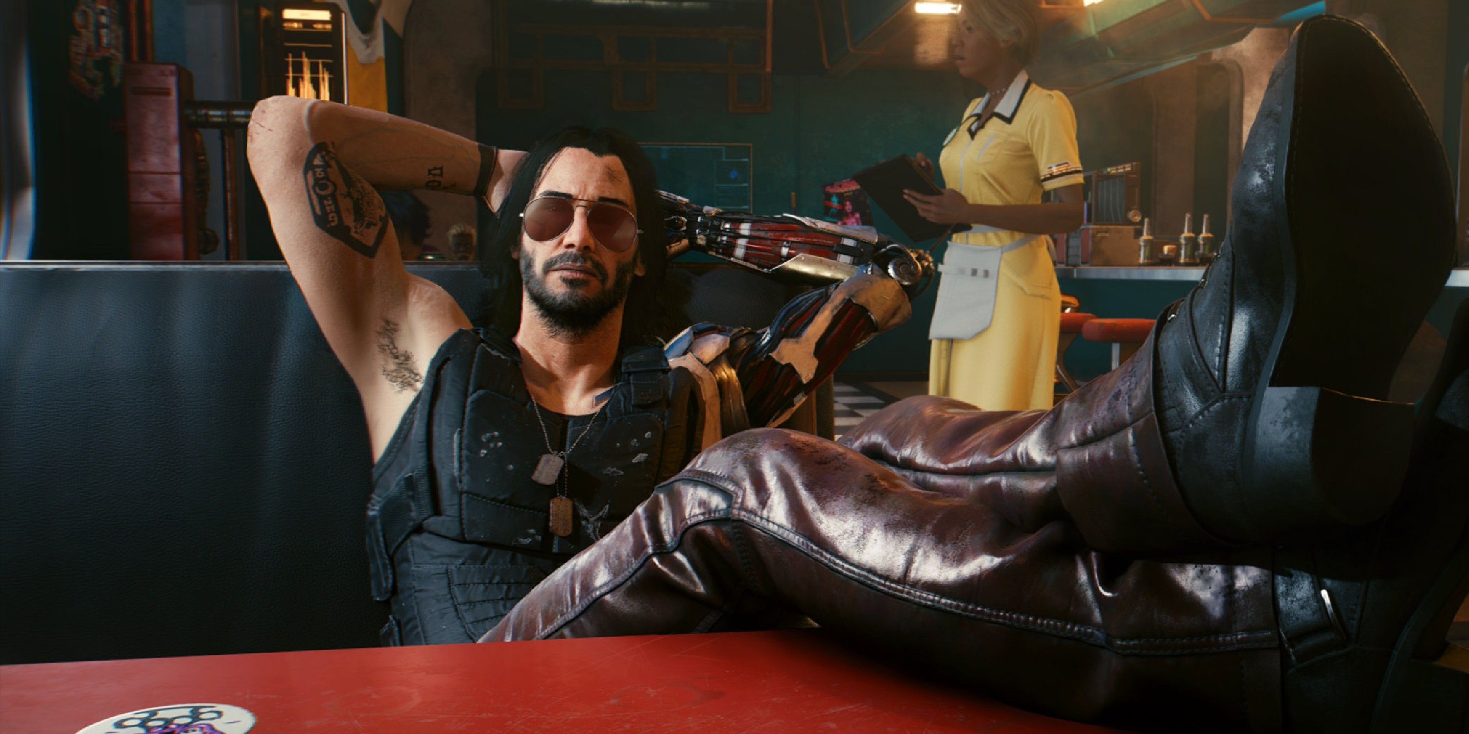 Cyberpunk 2077 Johnny Silverhand sentado con los pies en la mesa en un restaurante