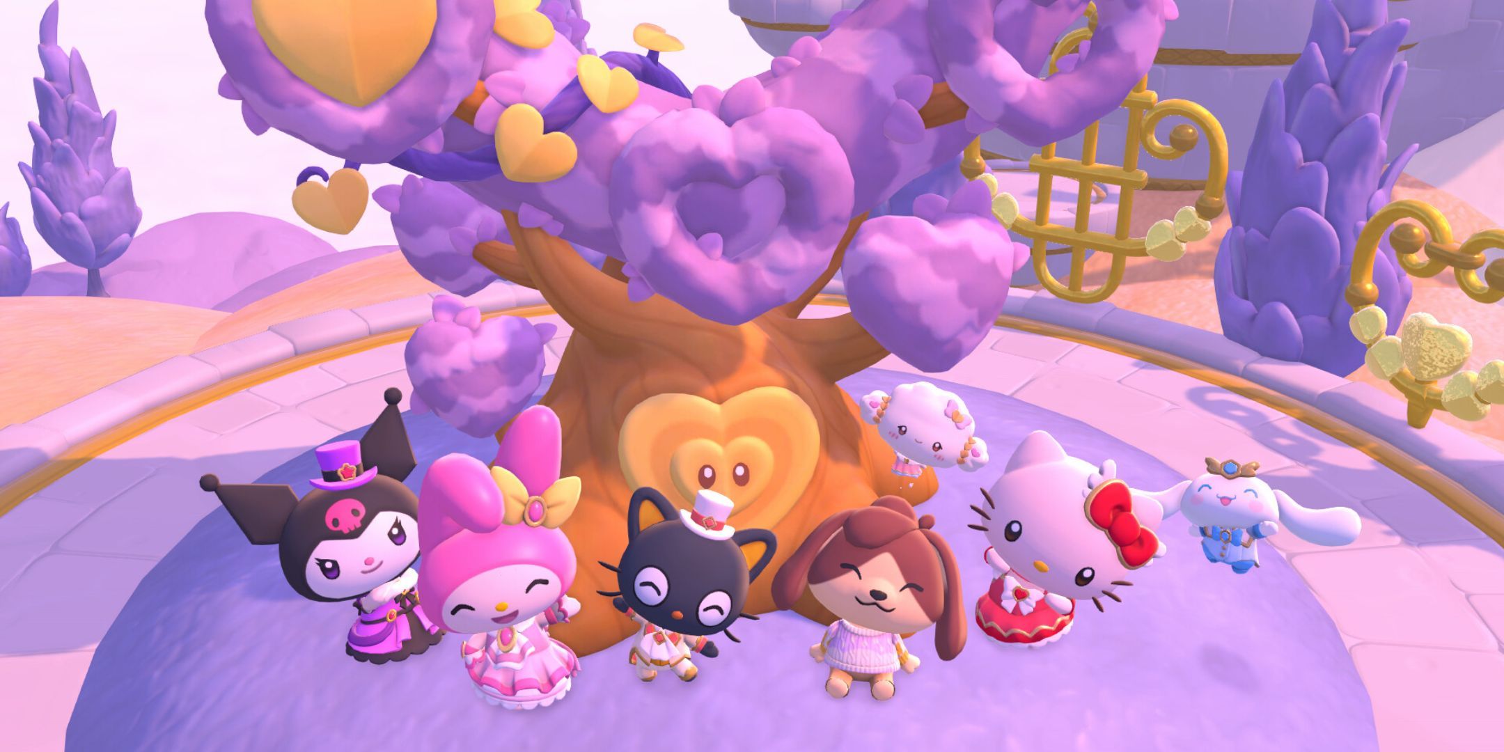 Varios personajes parados cerca de un árbol morado en el país de las maravillas de Wheatflower DLC de Hello Kitty Island Adventure.