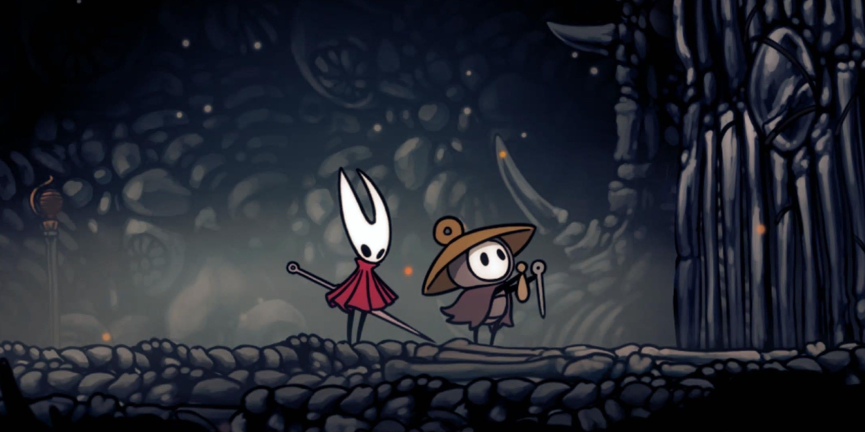 Hornet de Silksong de pie junto a un pequeño personaje de insectos tocando y cantando en una puerta.