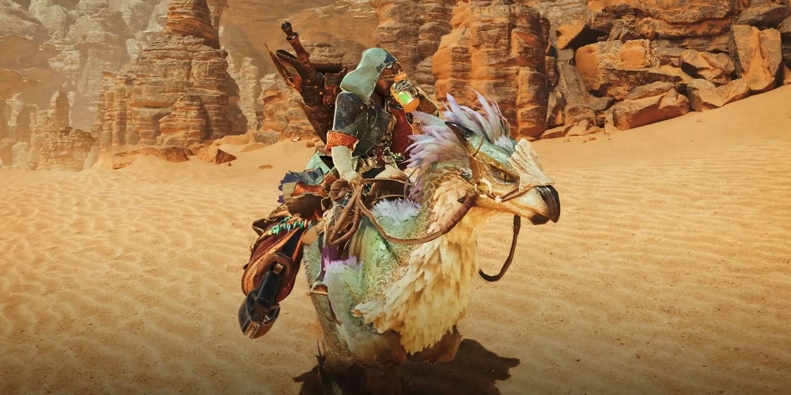 Monster Hunter Wilds Hunter Recuperando la salud con una poción sobre su soporte Seikret